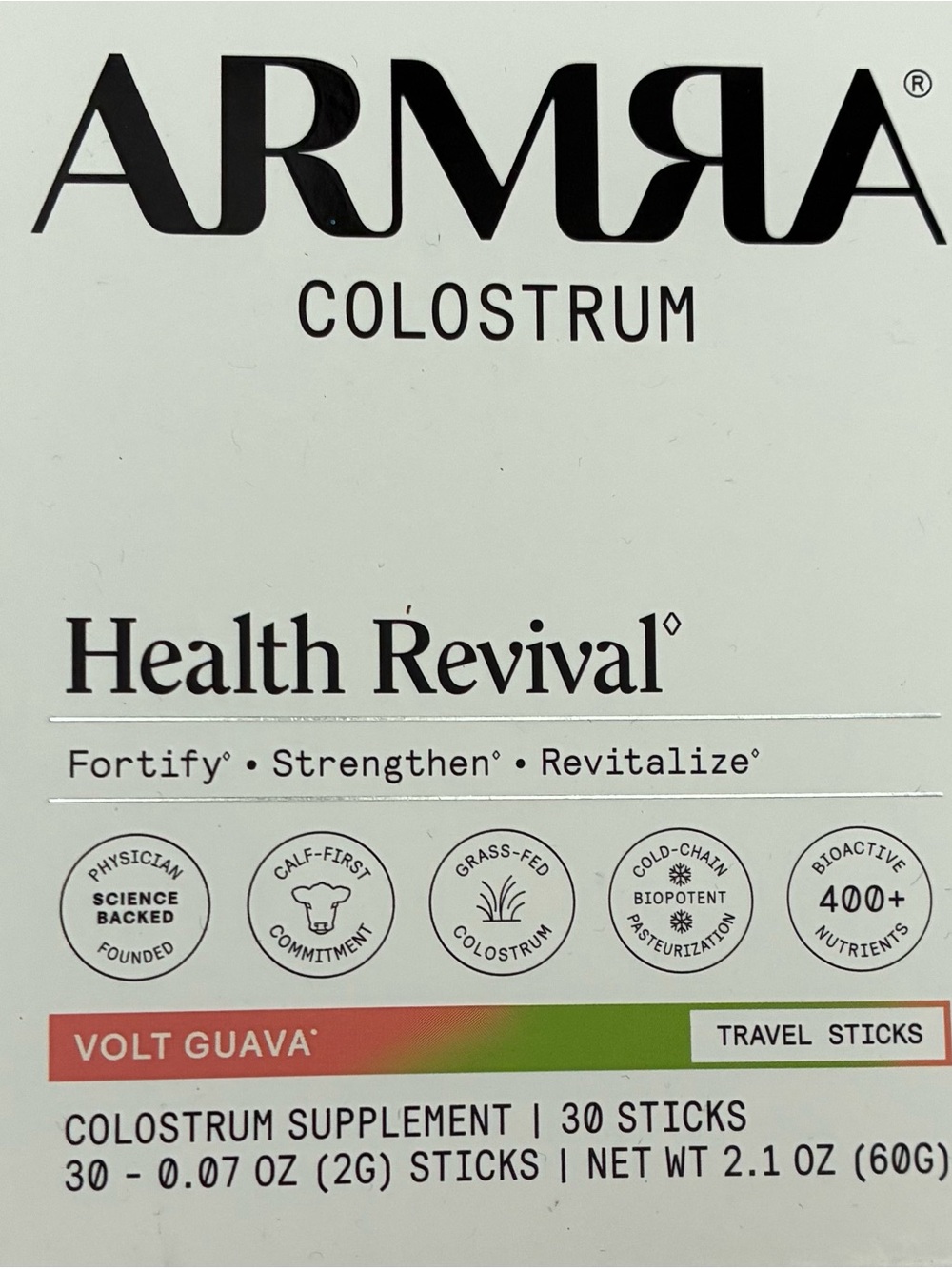 ARMRA Colostrum Health Revival Volt Guava 30 Travel Sticks NEW